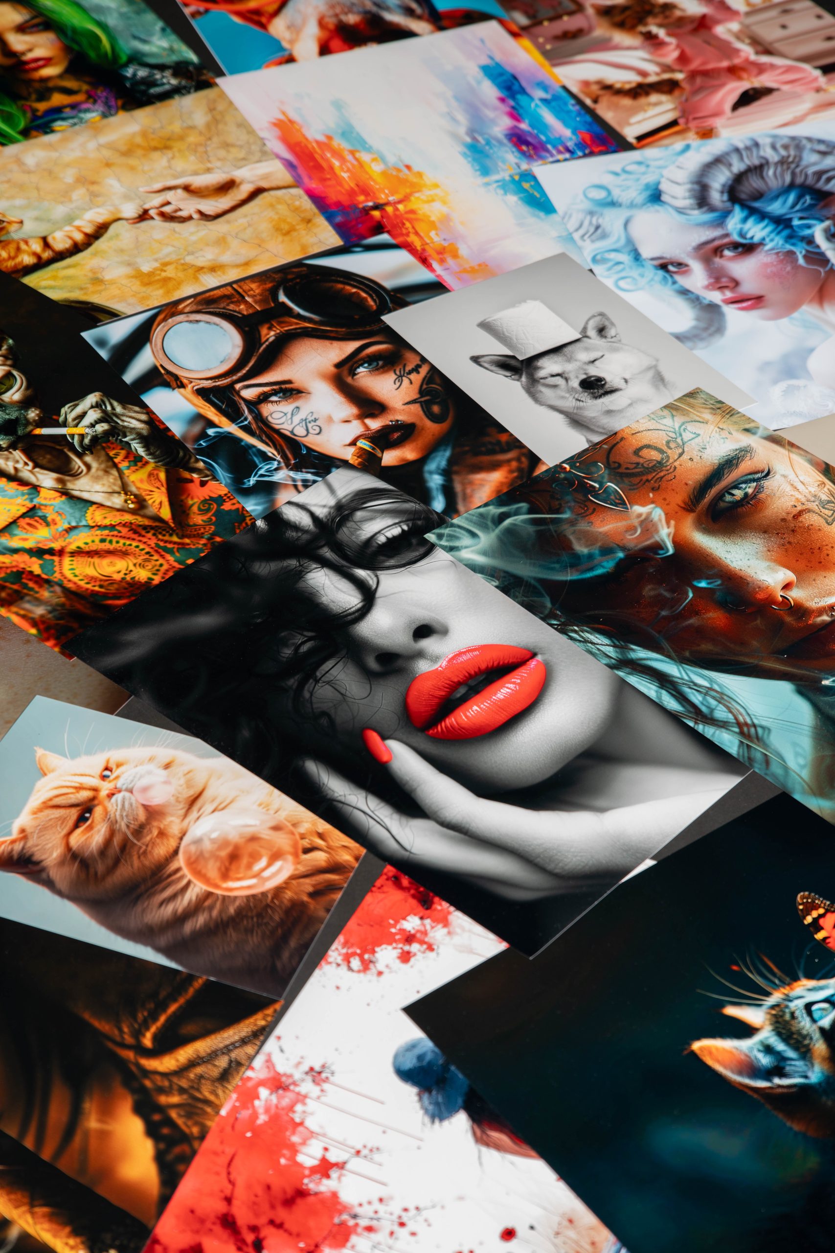 Fotografije, razporejene na tleh.